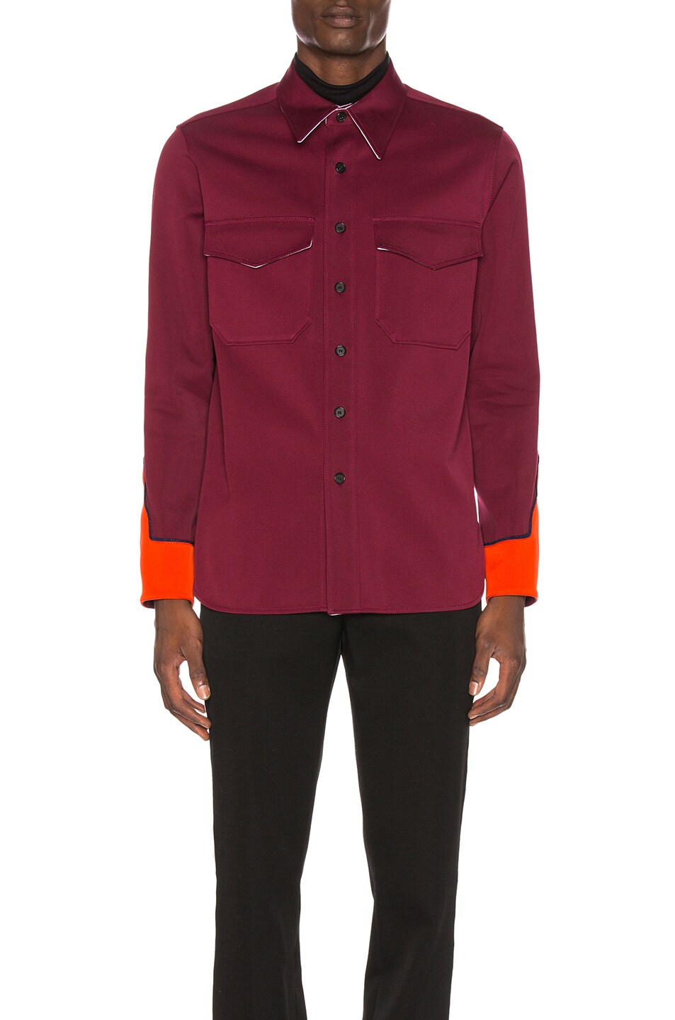 Image 1 of CALVIN KLEIN 205W39NYC Contrast Sleeve Button Down Shirt in Mulberry & Orange & Red