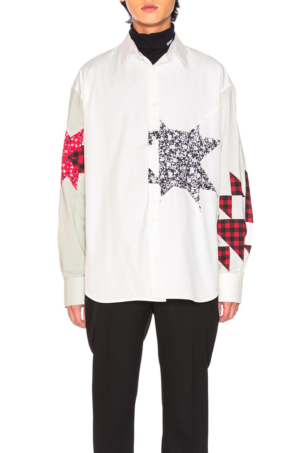 Image 1 of CALVIN KLEIN 205W39NYC Double Collar Patchwork Shirt in White & Ivory & Off White