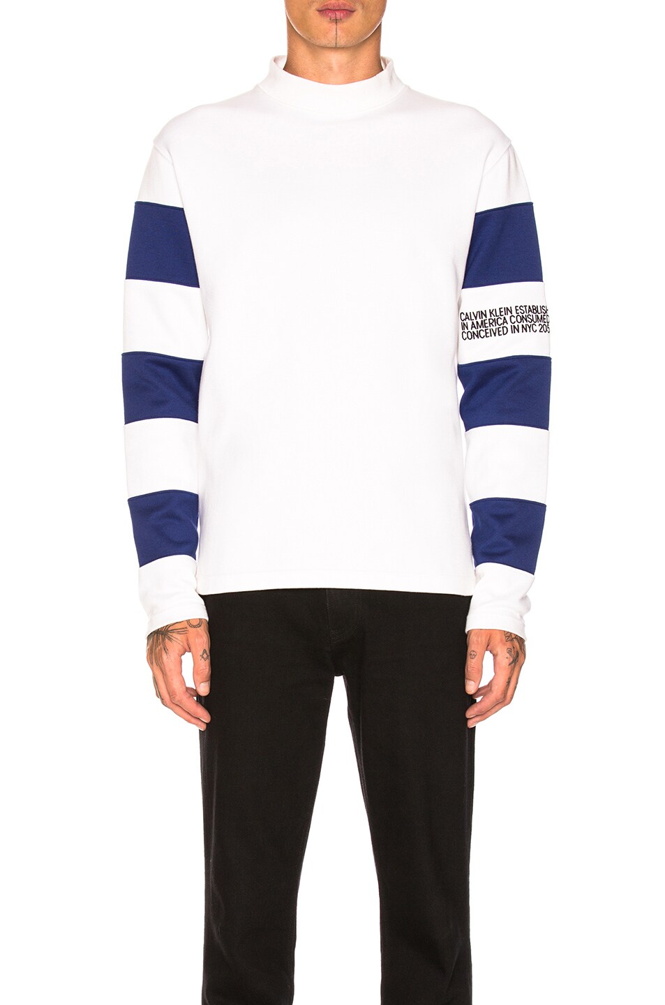 Image 1 of CALVIN KLEIN 205W39NYC Striped Sleeve Mock Tee in White & Blue