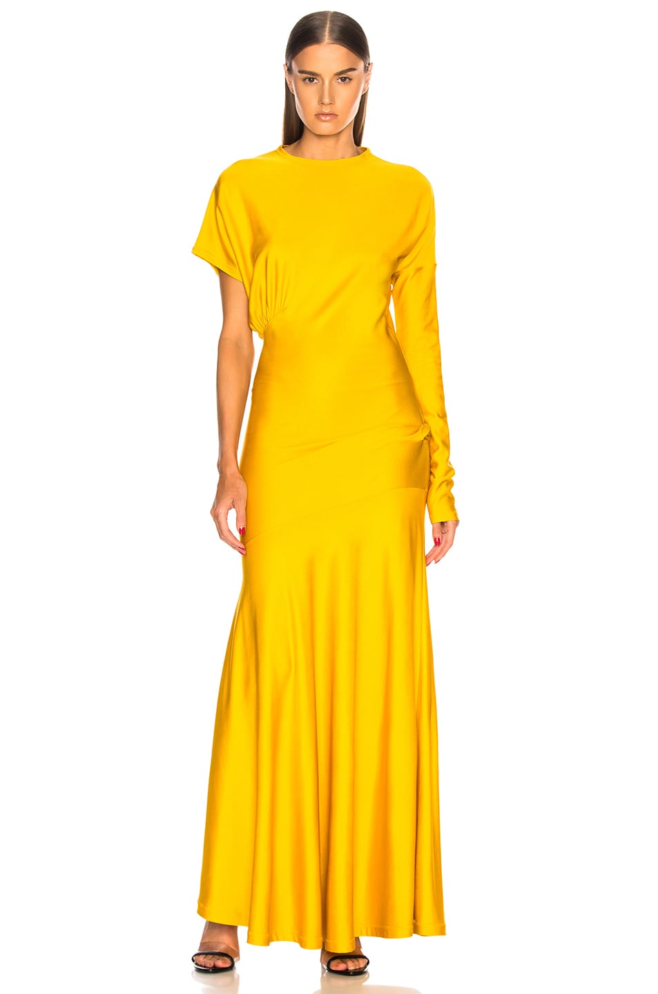 Image 1 of CALVIN KLEIN 205W39NYC Draped Asymmetric Sleeve Maxi Dress in Yellow