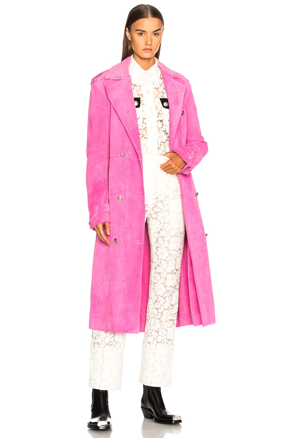Image 1 of CALVIN KLEIN 205W39NYC Soft Suede Trench Coat in Fuchsia