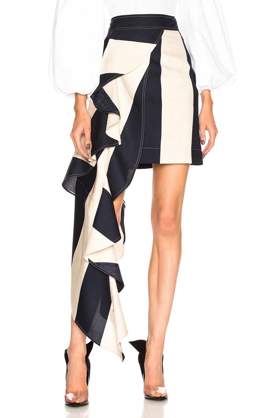 Image 1 of CALVIN KLEIN 205W39NYC Large Stripe Print Ruffle Skirt in Navy & Cream