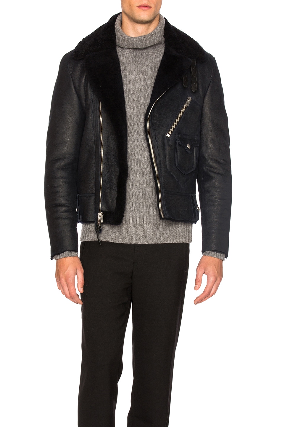 Image 1 of Coach Sheep Shearling Motorcycle Jacket in Navy