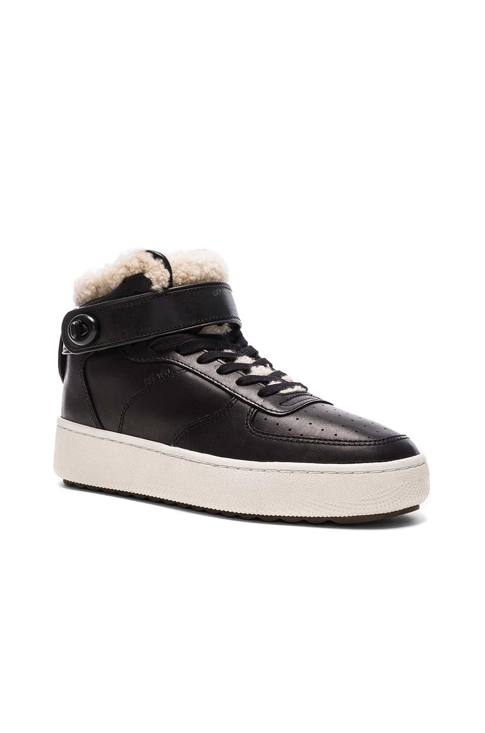 Image 1 of Coach Shearling Turnlock Leather Sneakers in Black