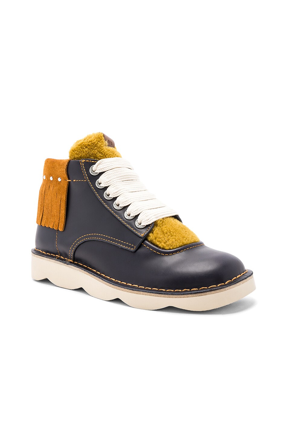 Image 1 of Coach Leather Derbies Shearling Tongue Boots in Navy & Teak & Mustard