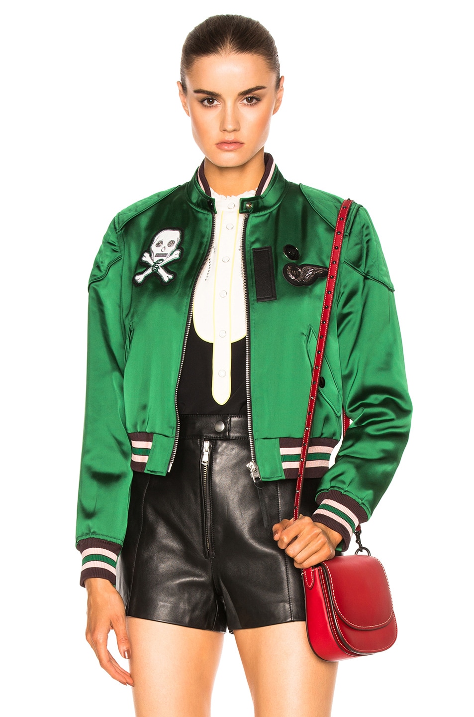 Image 1 of Coach Satin Cropped Varsity Jacket in Cypress