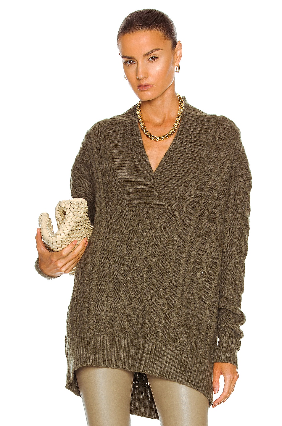 Image 1 of CO V-Neck Cable Knit Sweater in Green