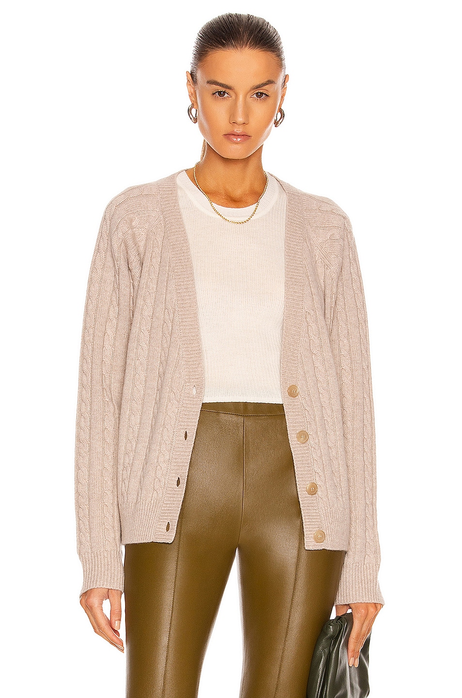 Image 1 of CO Cropped Cable Knit Cardigan in Taupe