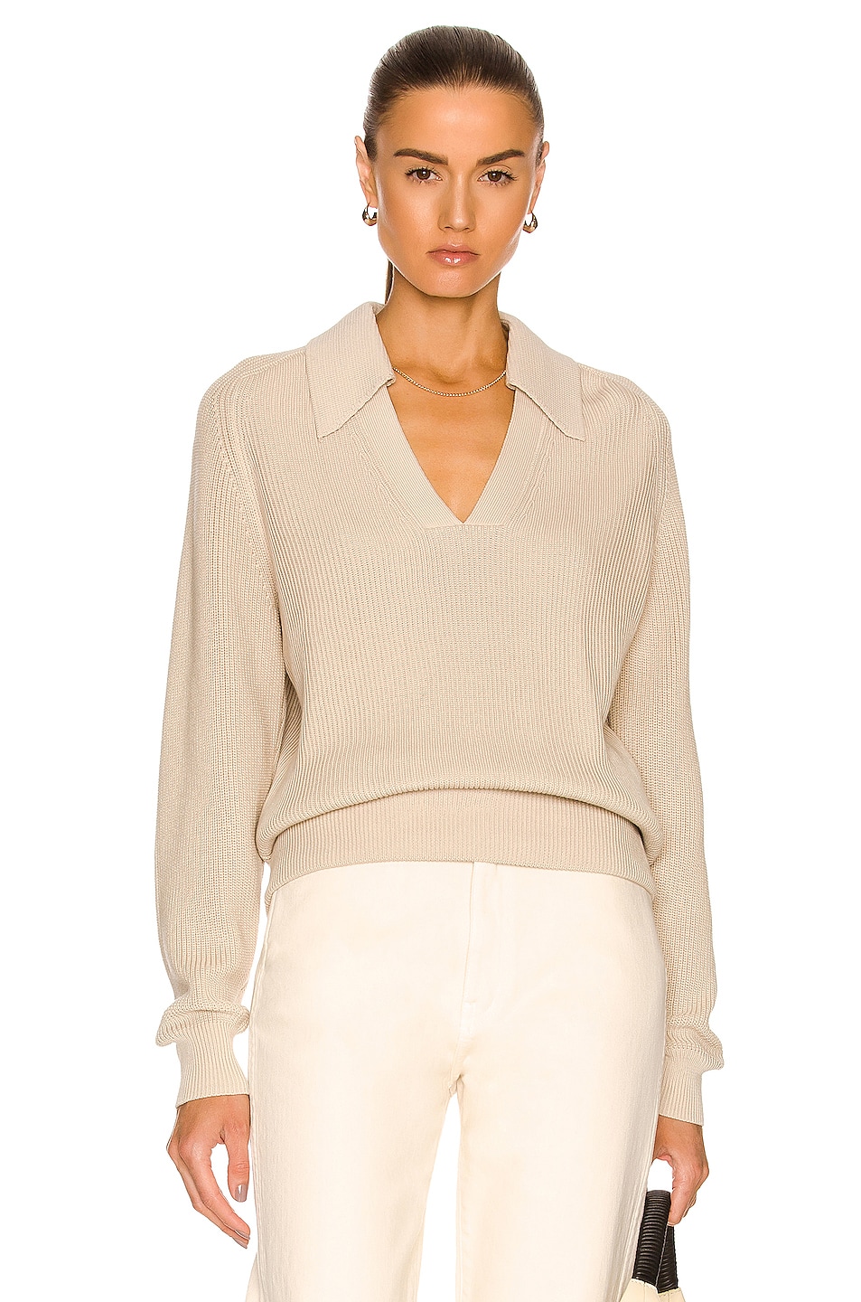 Image 1 of CO Long Sleeve Polo Knit Top in Taupe