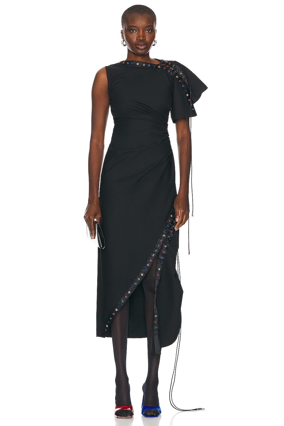 Image 1 of Christopher John Rogers Ruched Lace Up Grommet Dress in Black