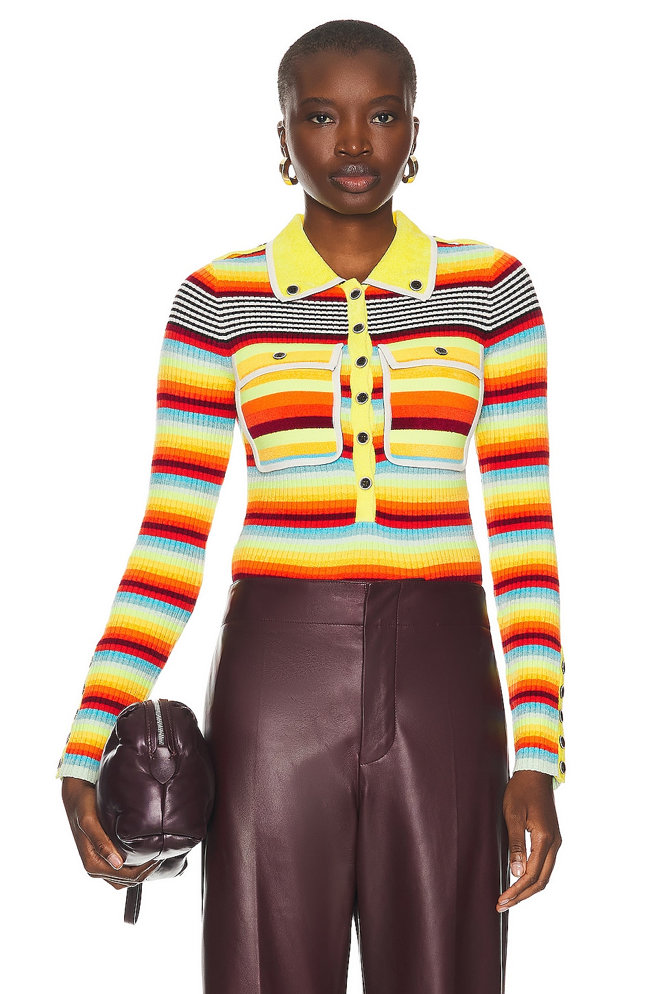 Image 1 of Christopher John Rogers Striped Ribbed Polo Bodysuit in Multicolor