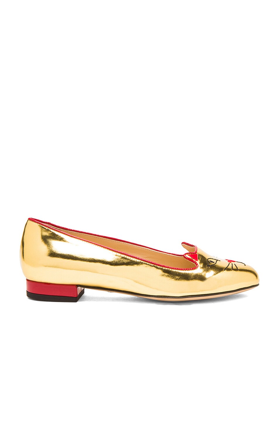 Image 1 of Charlotte Olympia Lucky Kitty Leather Flats in Gold