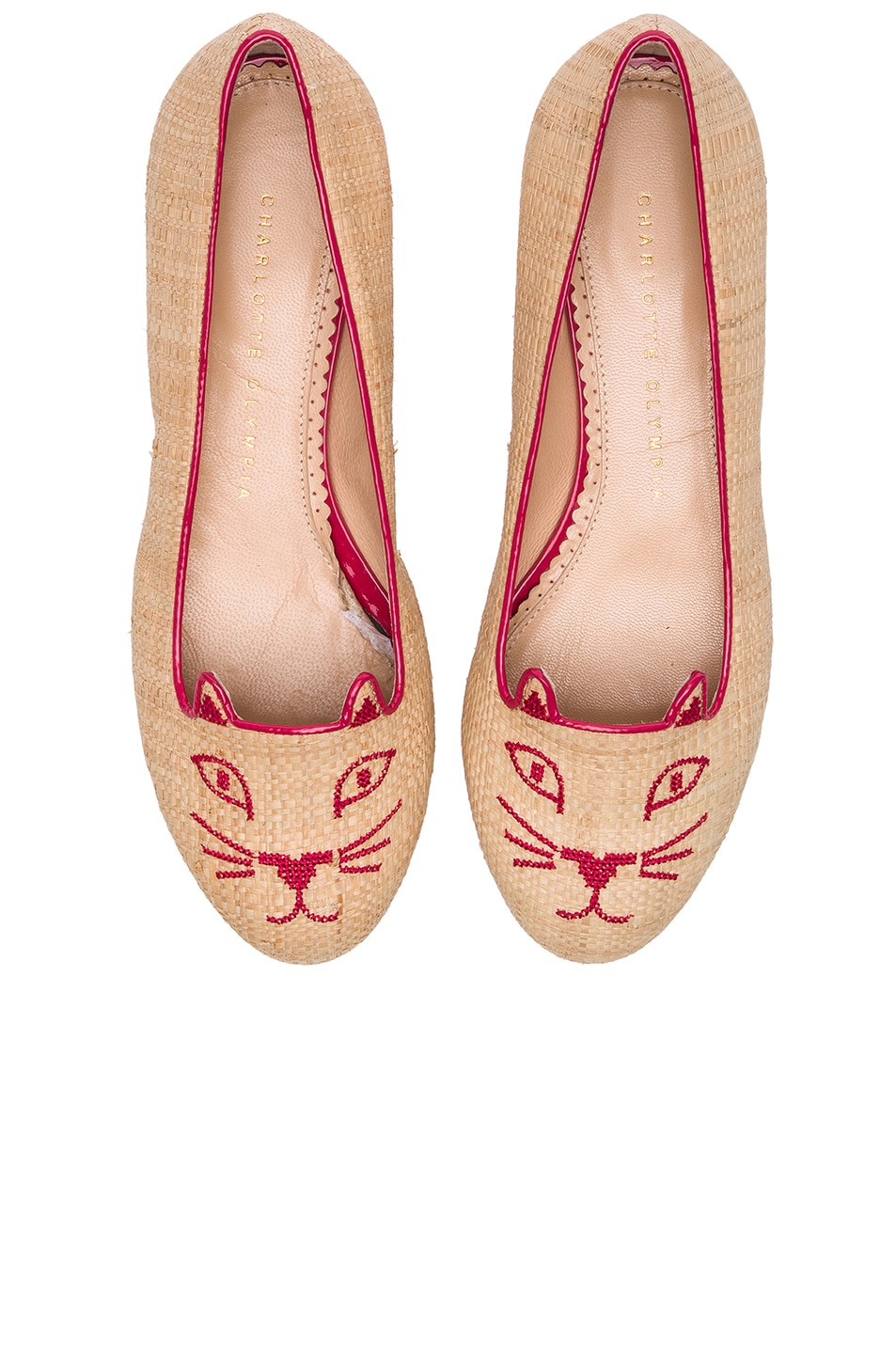 Image 1 of Charlotte Olympia Kitty Raffia Flats in Natural & Fiesta Pink