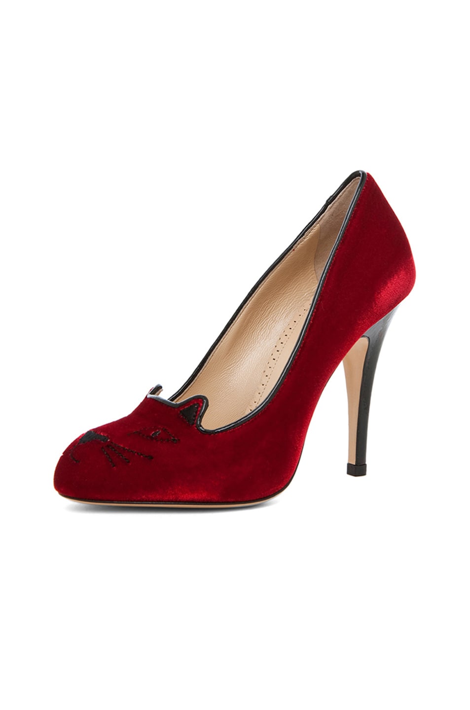 Charlotte Olympia Kitty Velvet Pumps in Red Velvet | FWRD