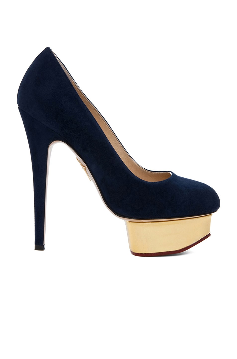 Image 1 of Charlotte Olympia Dolly Signature Court Island Suede Pumps in Navy Suede