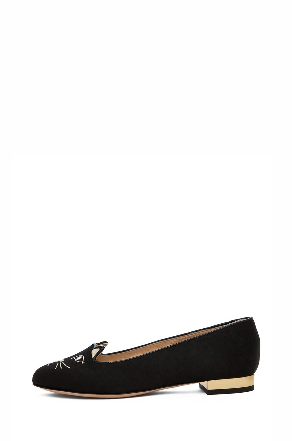 Image 1 of Charlotte Olympia Kitty Satin Flats in Black & Gold