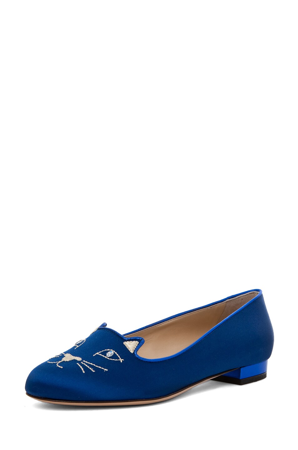 Charlotte Olympia Satin Kitty Flats in Blue & Gold FWRD