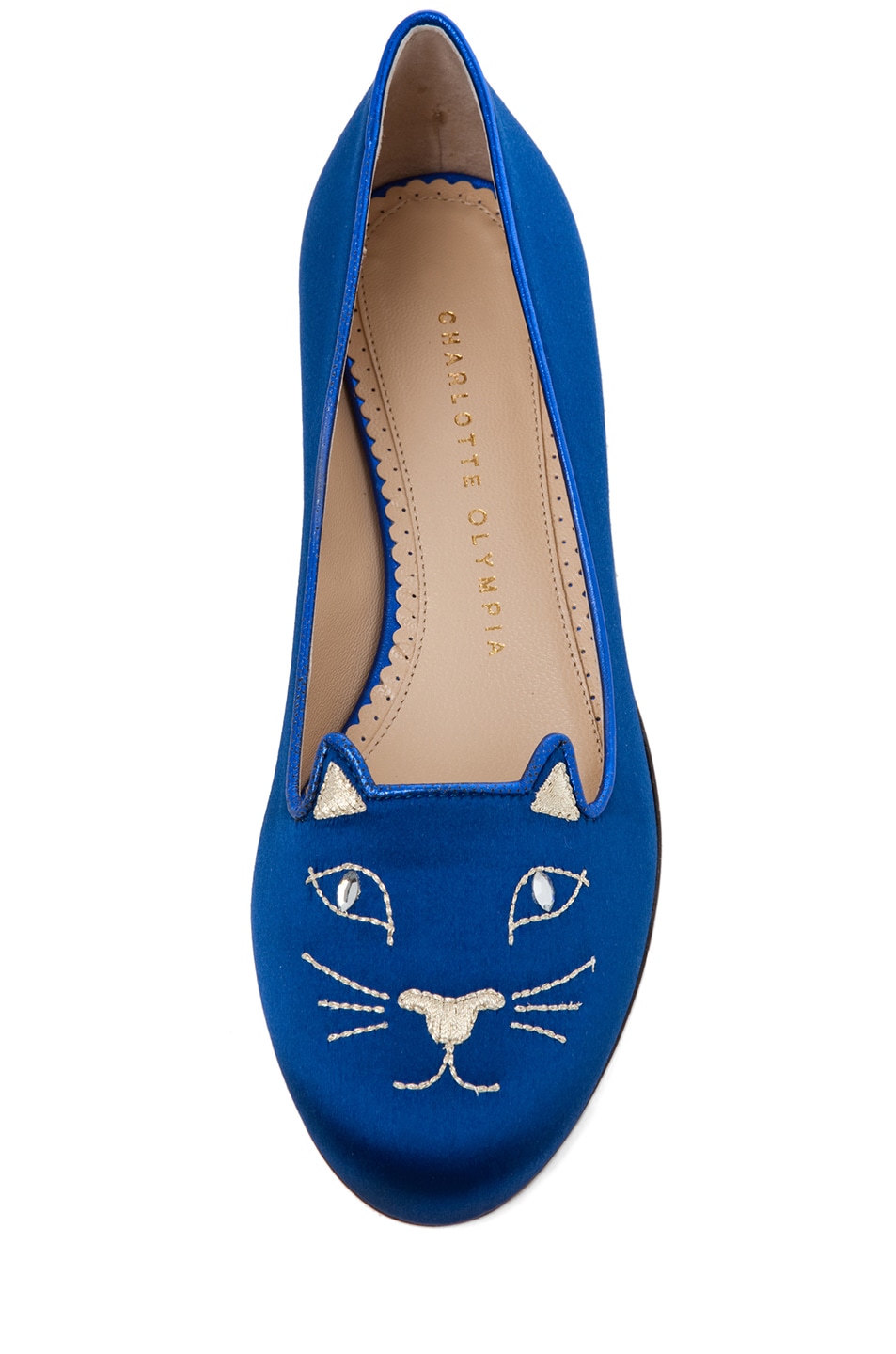 Charlotte Olympia Satin Kitty Flats in Blue & Gold FWRD
