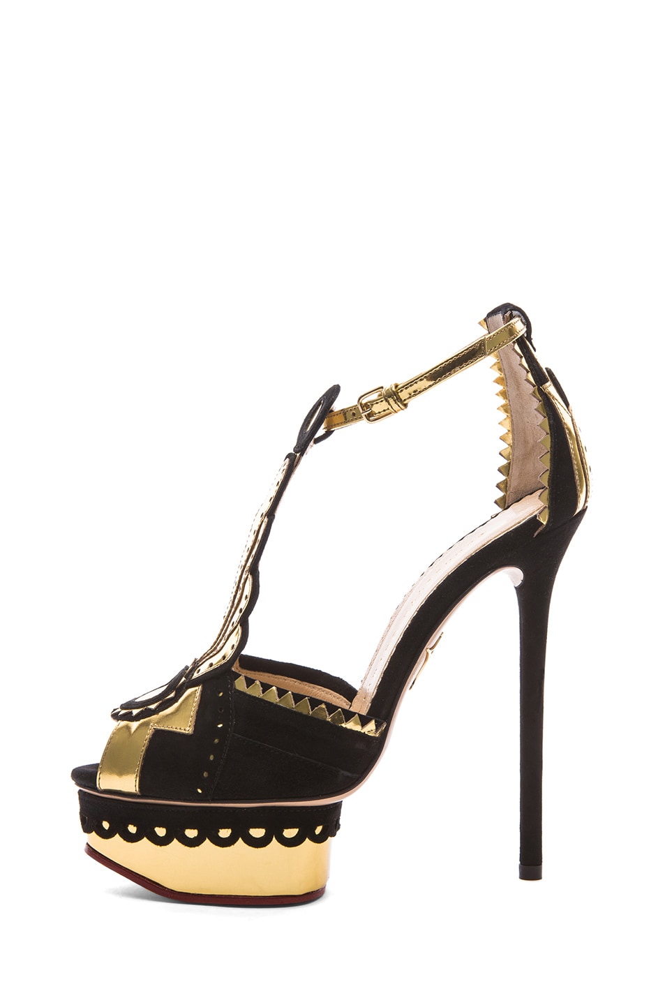 Image 1 of Charlotte Olympia Sunset Art Deco Applique Suede Heels in Black & Gold