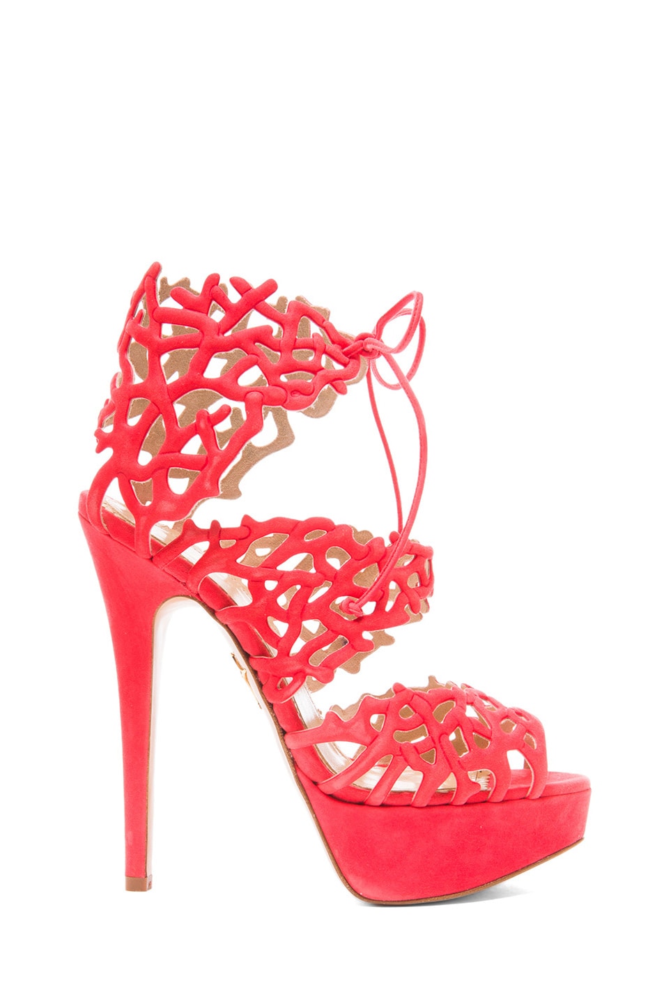 Image 1 of Charlotte Olympia Goodness Gracious Reef Suede Heels in Coral
