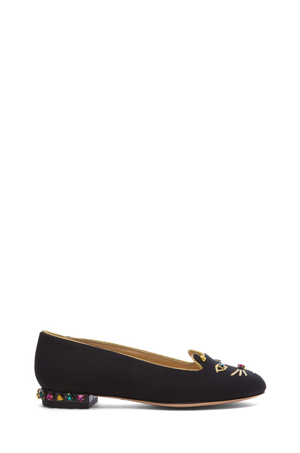 Image 1 of Charlotte Olympia Bejewelled Kitty Canvas Flats in Black