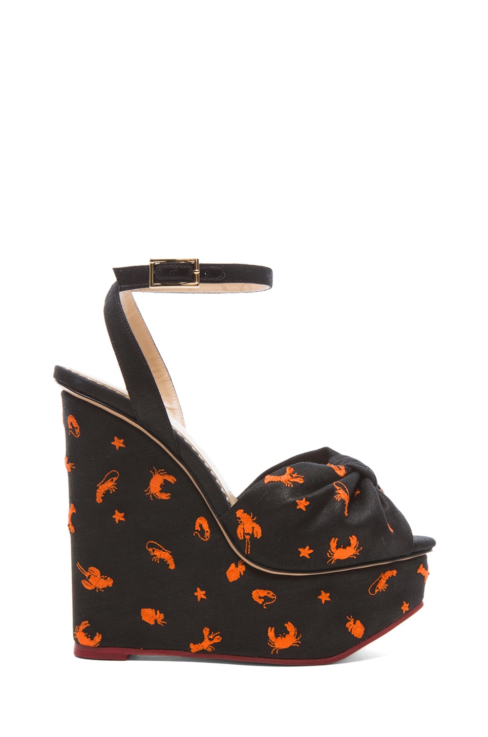 Image 1 of Charlotte Olympia Miranda 155 Embroidered Canvas Wedges in Black Prawn Cocktail
