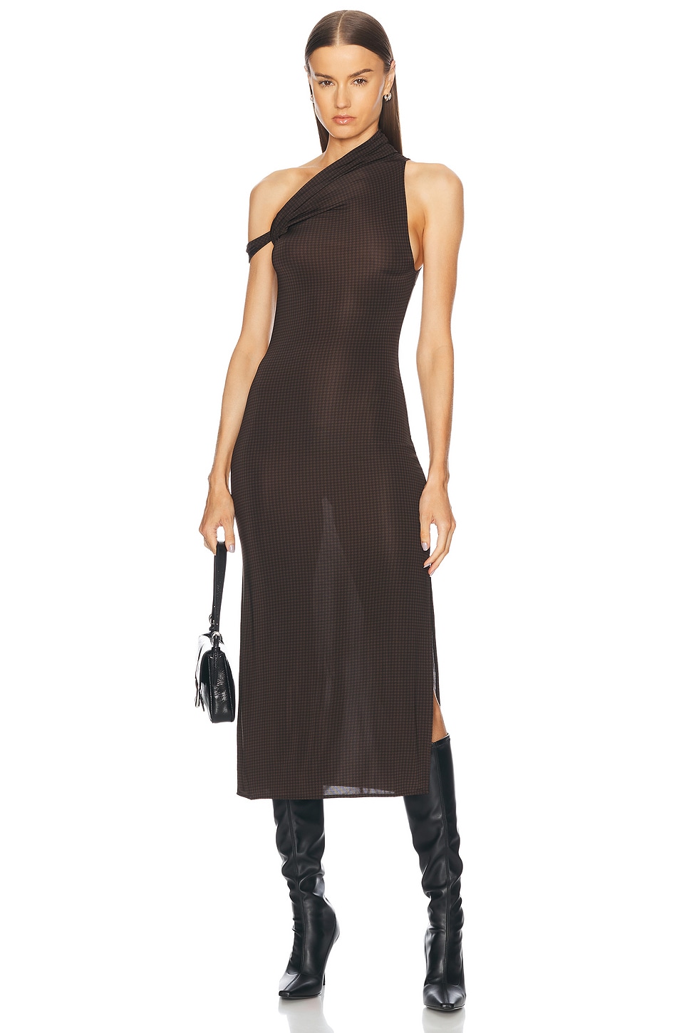 Twist Check Jersey Long Dress in Chocolate