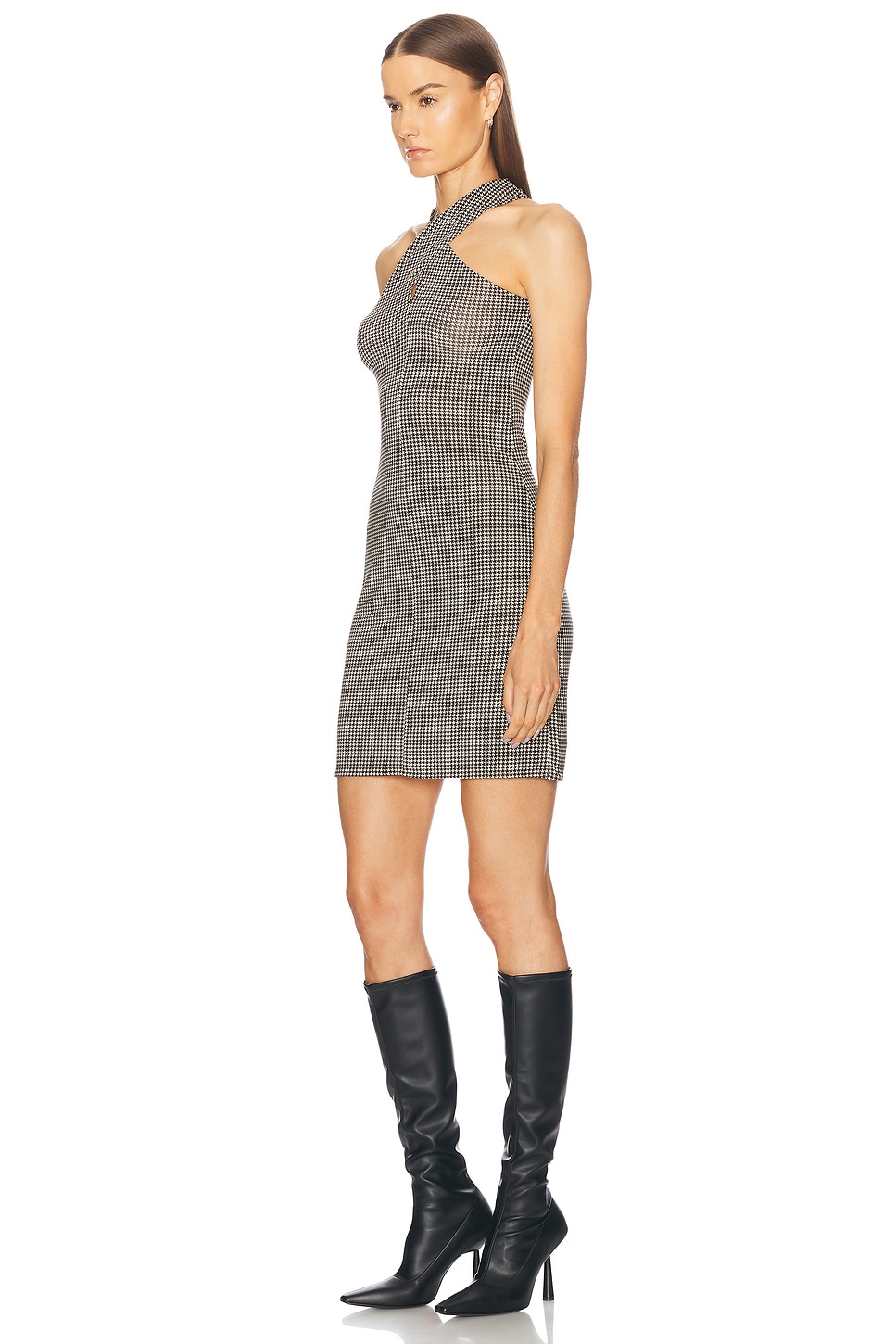 Image 3 of Courreges Criss Cross Check Jersey Dress in Natural & Mud Brown