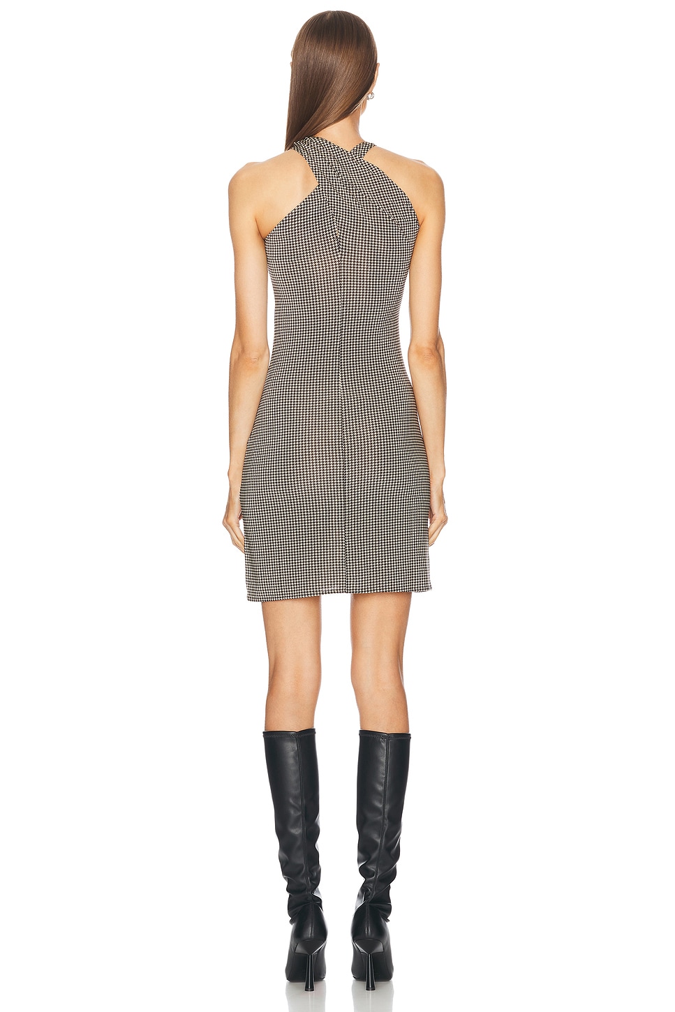 Image 4 of Courreges Criss Cross Check Jersey Dress in Natural & Mud Brown