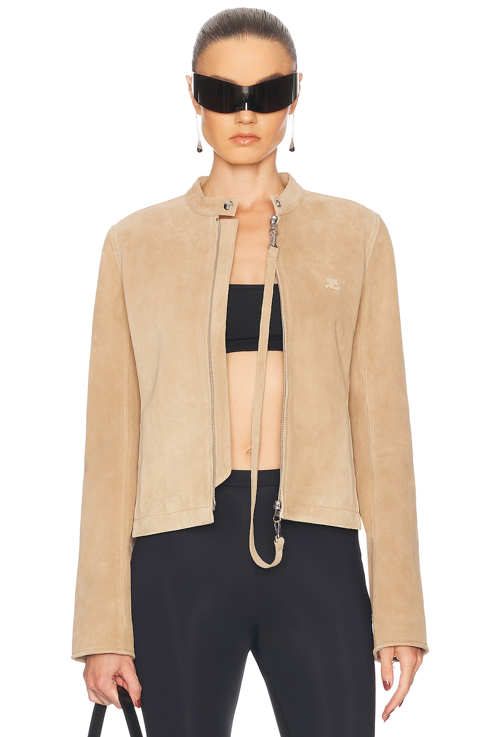 Courrèges Zipped Leather Biker Jacket In Fawn