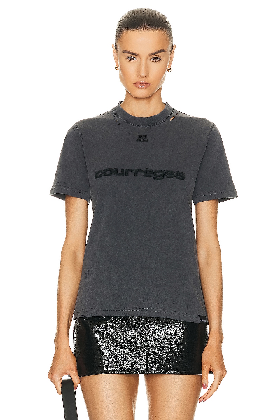 Image 1 of Courreges Distressed Jersey Tee in Stonewashed Grey & Black