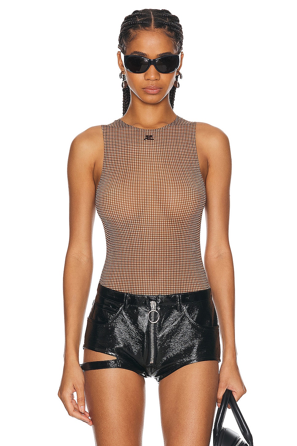Image 1 of Courreges Buckle Checked 2nd Skin Bodysuit Top in Brown & White