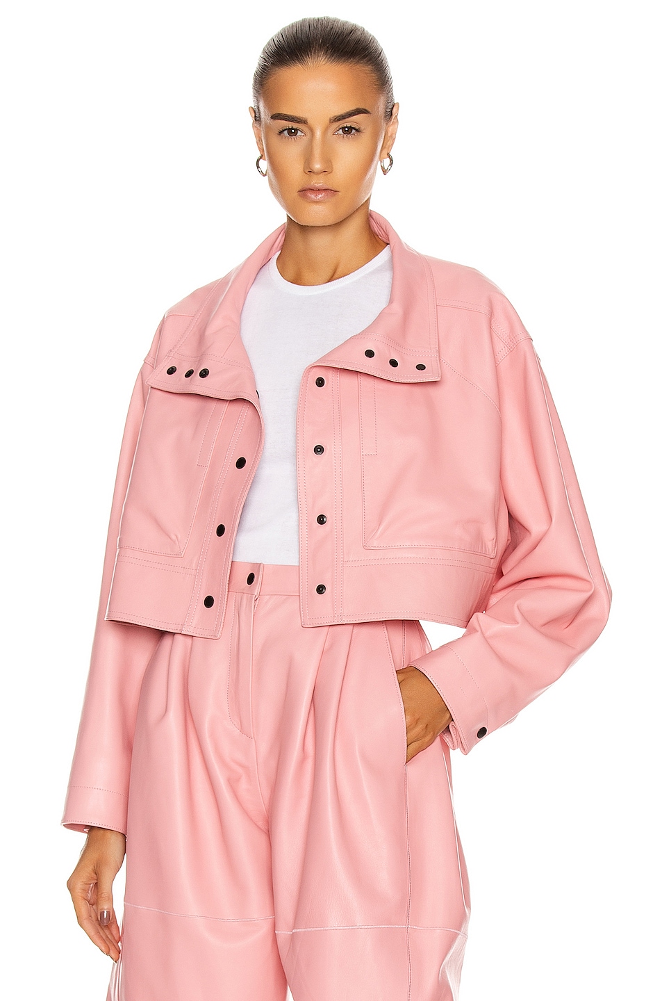 Image 1 of CARMEN MARCH Cropped Leather Jacket in Light Pink