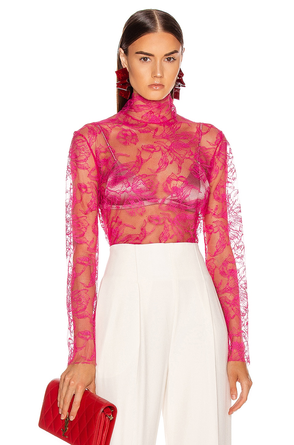 Image 1 of CARMEN MARCH Chantilly Lace Blouse in Hot Pink