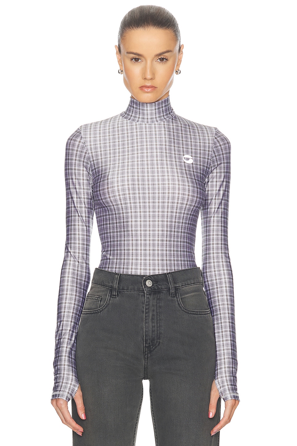 Shop Coperni Tight High Neck Top In Green & White Check