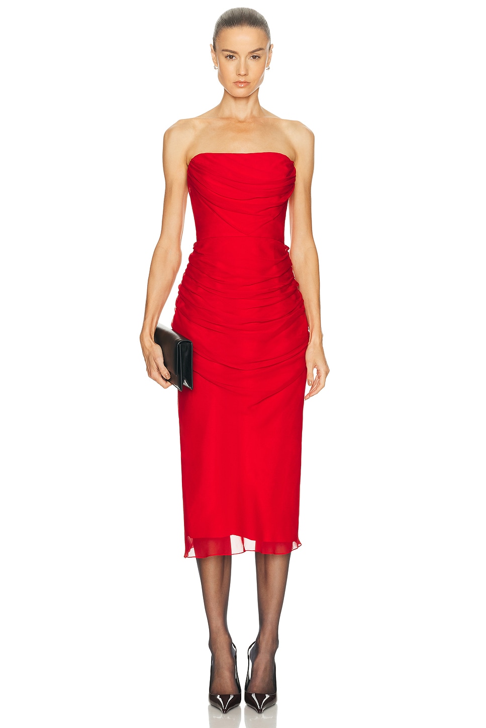 Image 1 of Carolina Herrera Strapless Draped Midi Dress in Herrera Red