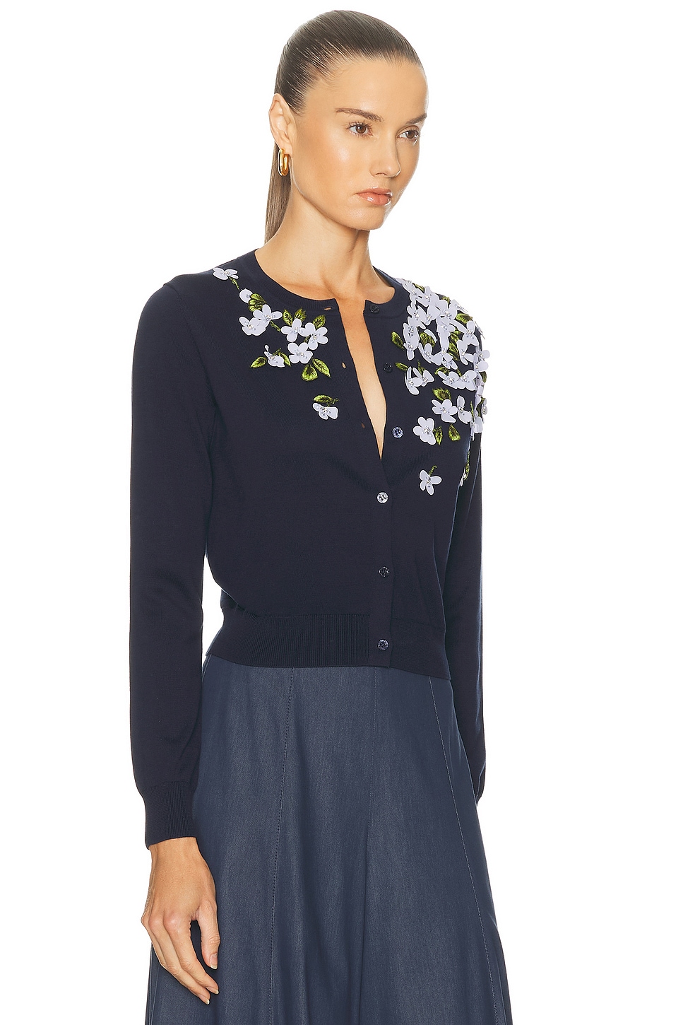 Carolina Herrera Floral Embroidered Crewneck Cardigan In Blue