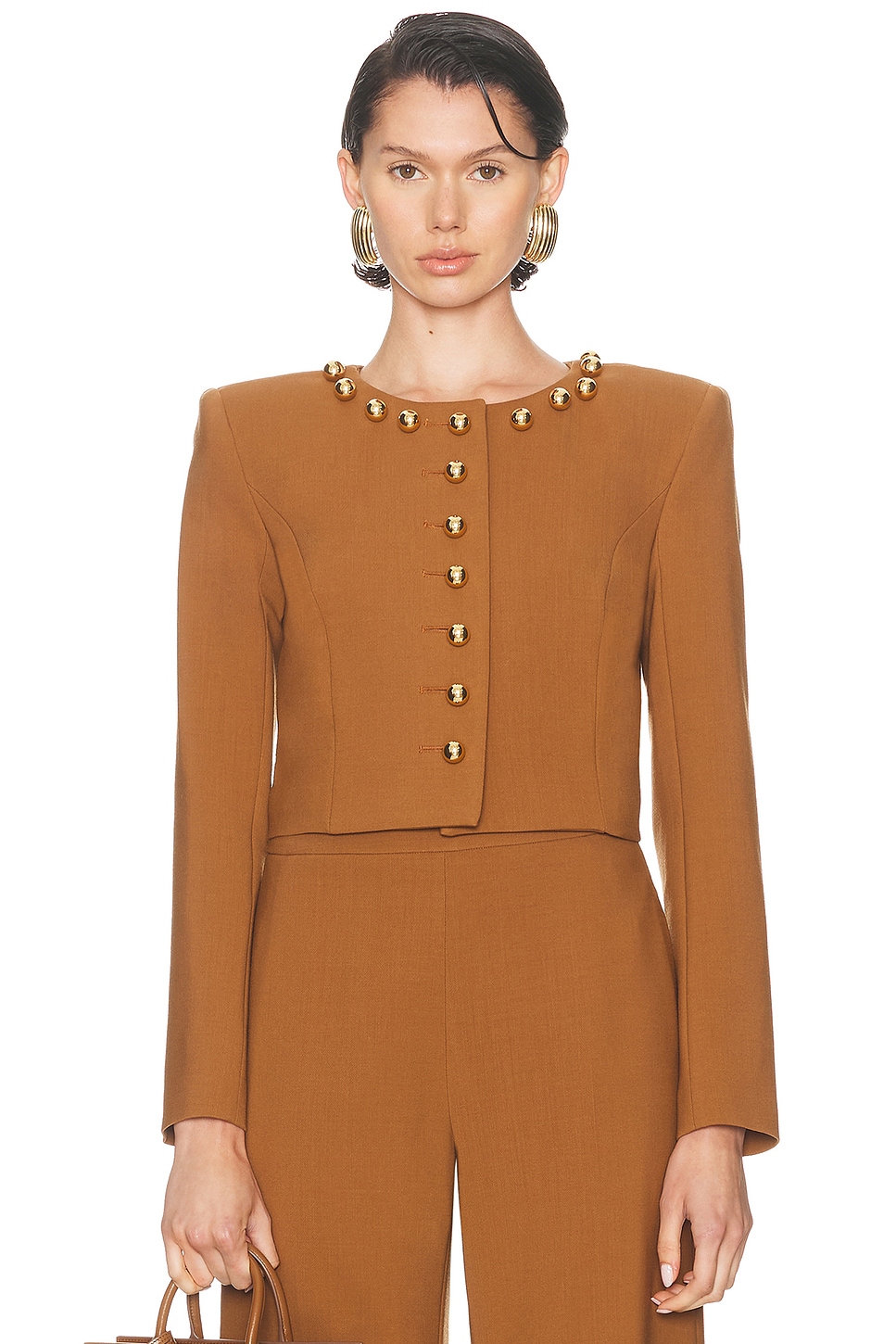 Carolina Herrera Ball-button Collarless Crop Jacket In Brown