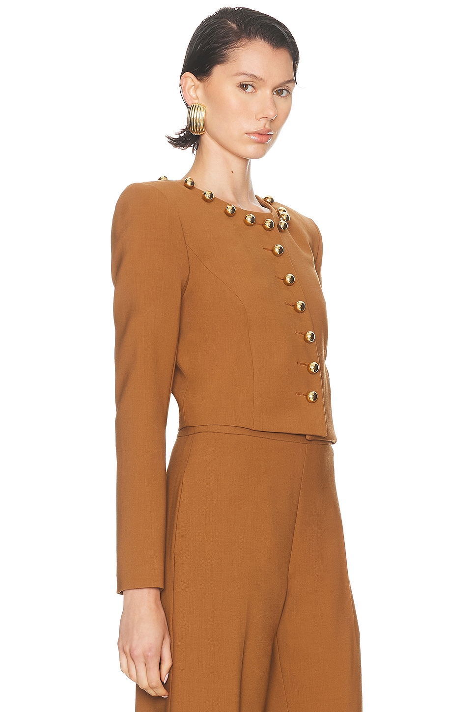 Carolina Herrera Ball-button Collarless Crop Jacket In Brown