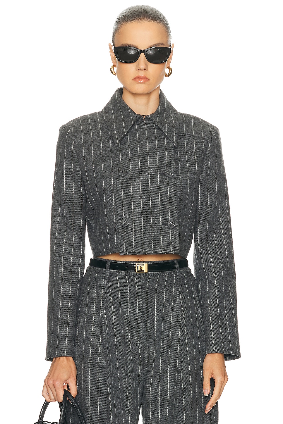 Carolina Herrera Cropped Double Breasted Pinstripe Jacket In Gray