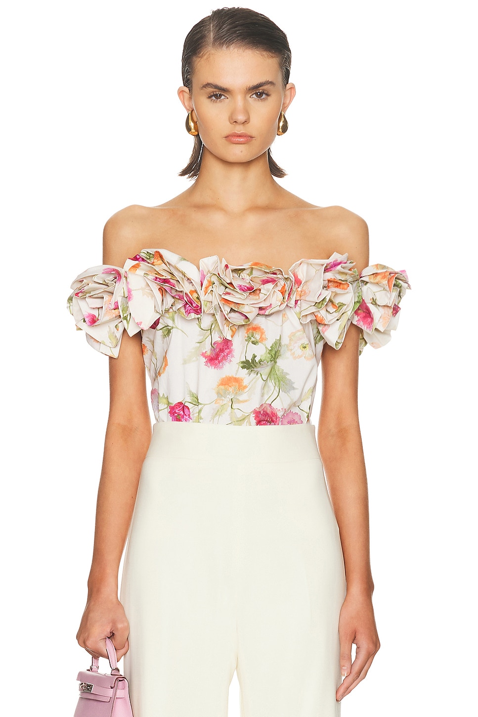 Image 1 of Carolina Herrera Off The Shoulder Flower Top in Almond Multi