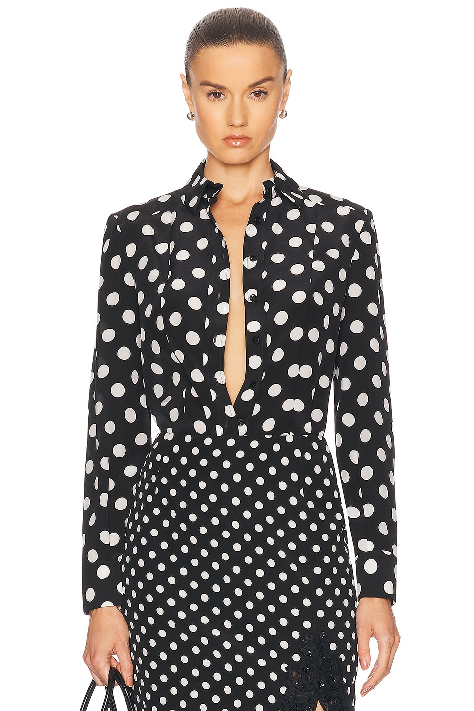 Carolina Herrera Long Sleeve Button Down Top In Black & Ivory