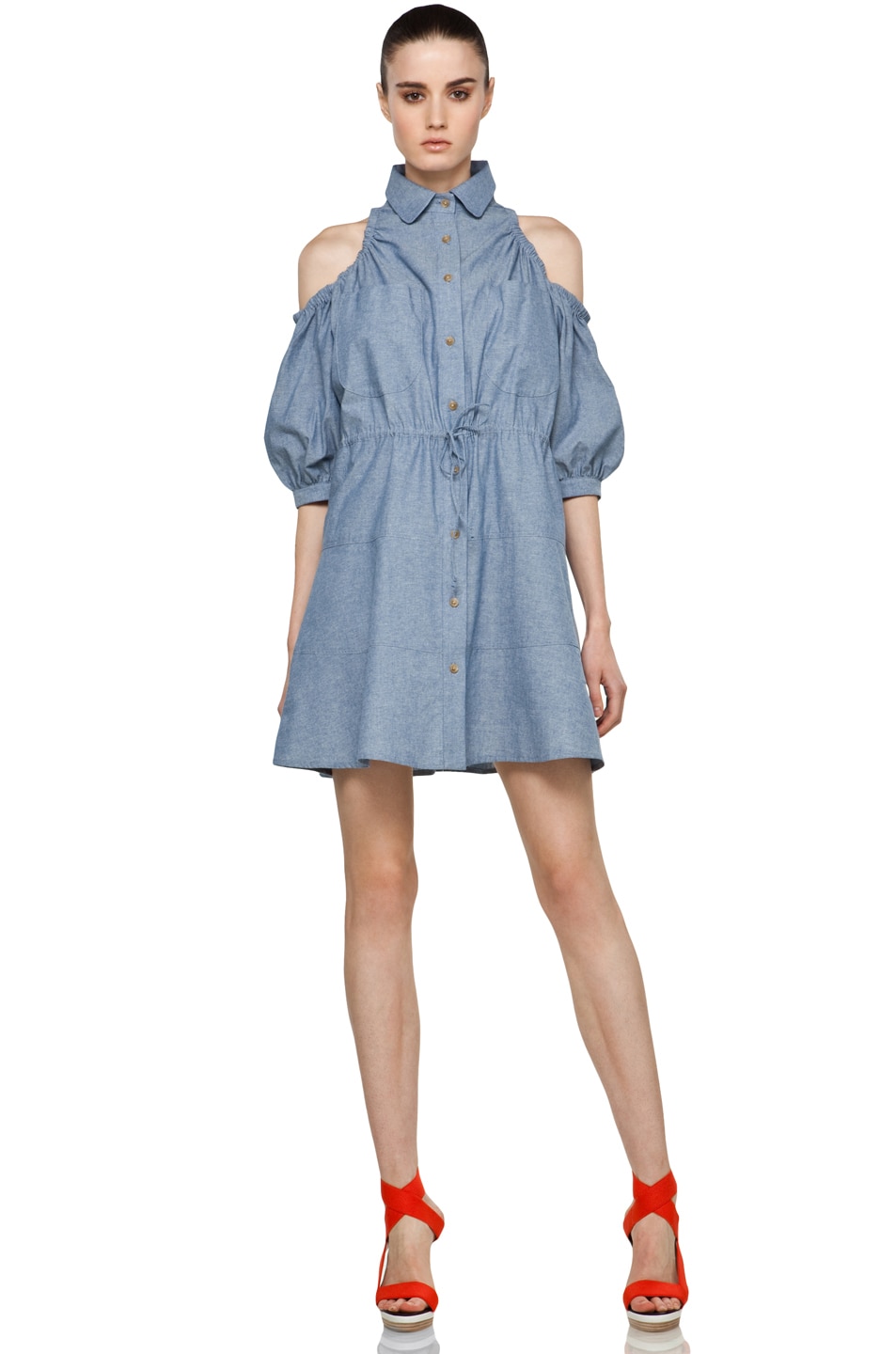 Image 1 of Chloe Sevigny for Opening Ceremony Cut Out Shoulder Blouse Dress in Chambray Blue