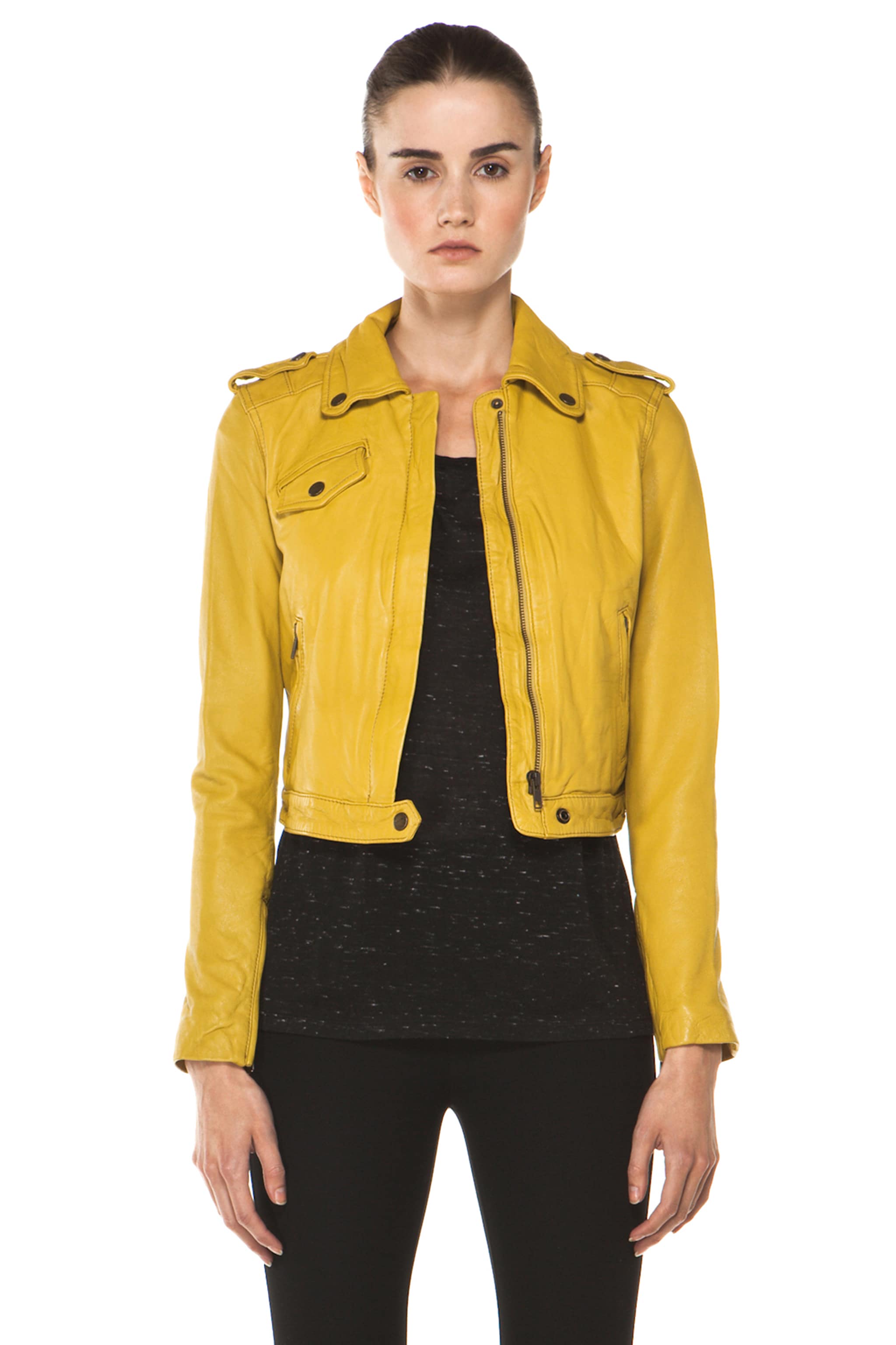 Image 1 of Current/Elliott The Zip Moto Leather Jacket in Light Olive