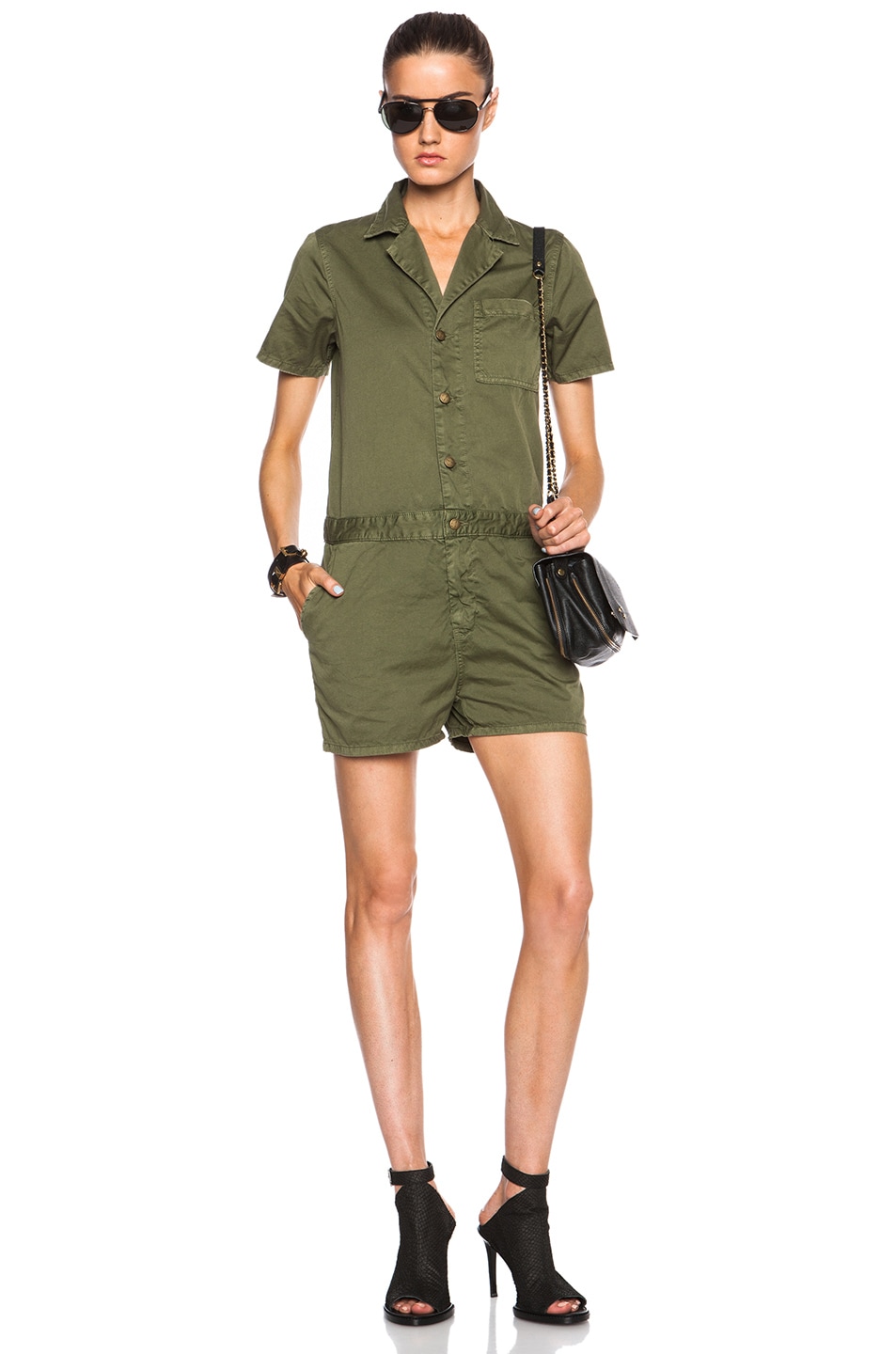 Current/Elliott Engineer Shortall Romper in Army Green | FWRD