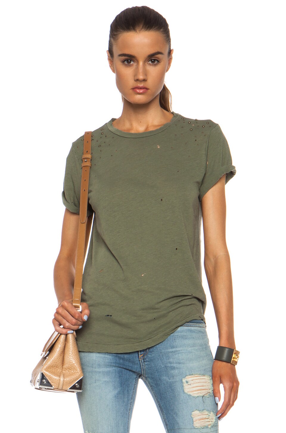 Image 1 of Current/Elliott The Rolled Sleeve Linen-Blend Crew in Army Green