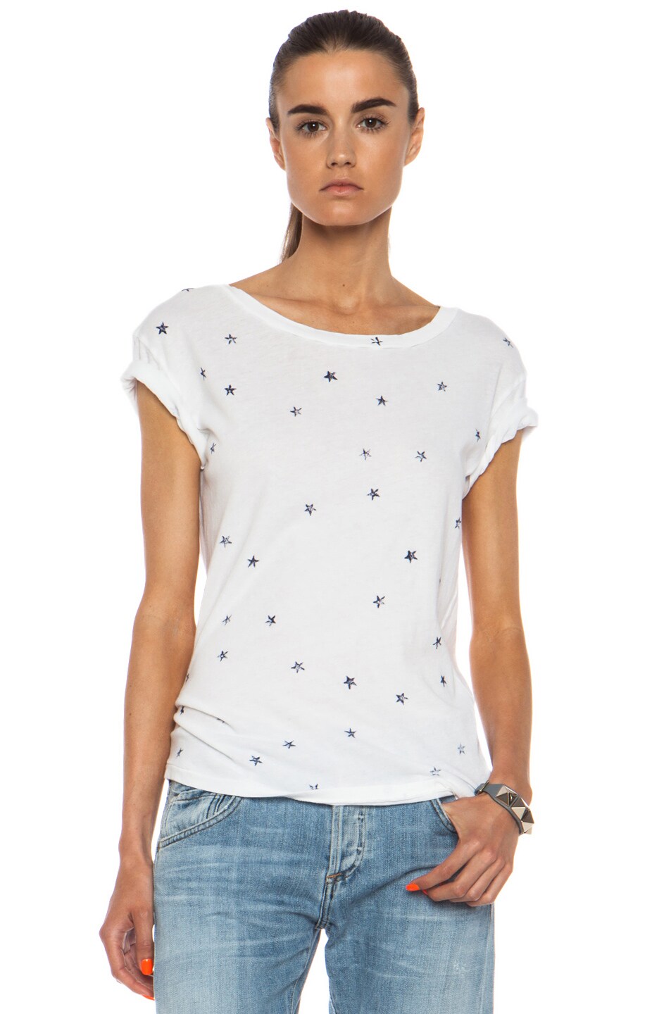 Image 1 of Current/Elliott The Crew Neck Cotton Tee in Sugar with Navy Mini Stars
