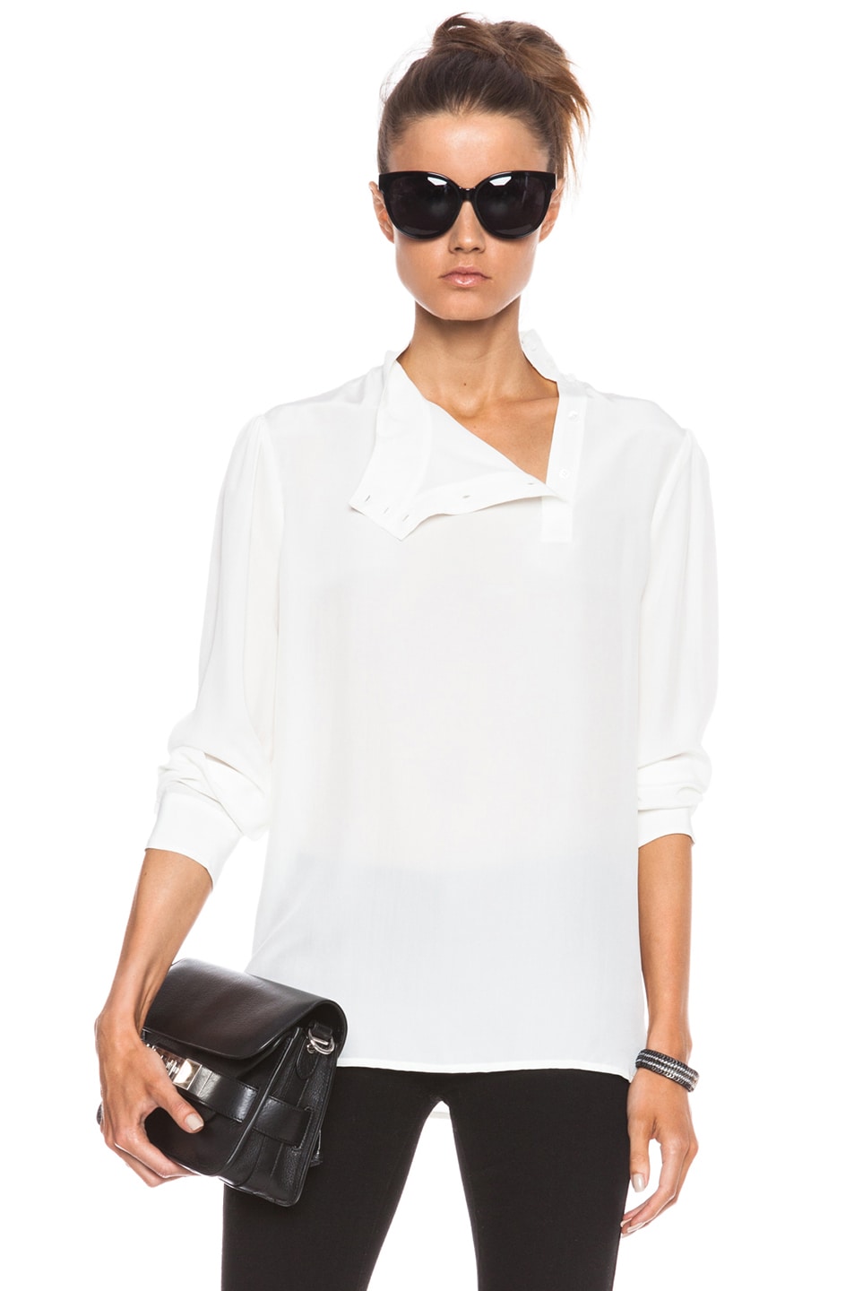 Image 1 of Current/Elliott The Button Neck Silk Blouse in Porcelain