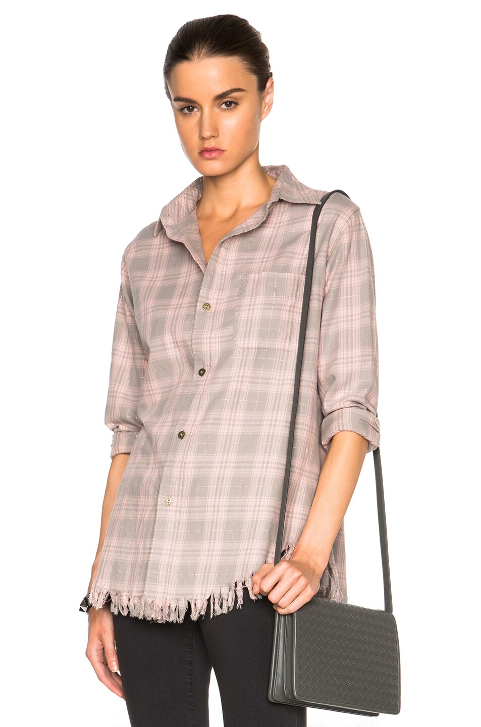 Image 1 of Current/Elliott The Prep School Fray Button Up in Pink Tinsel Plaid