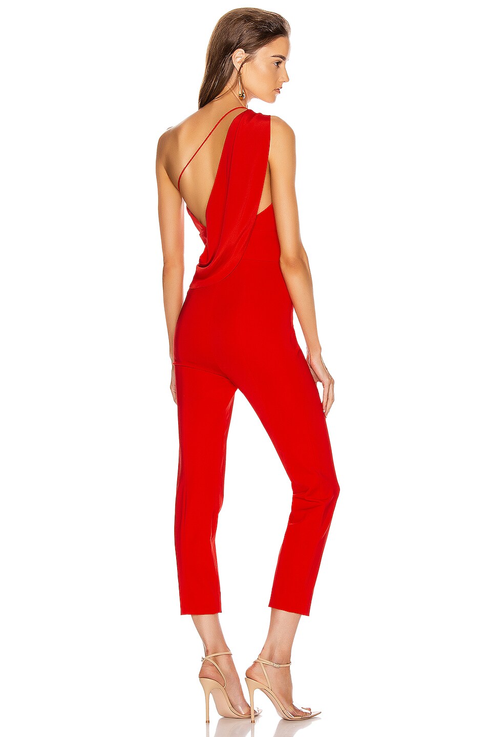 Image 1 of Cushnie One Shoulder Fitted Cropped Jumpsuit in Vermilion